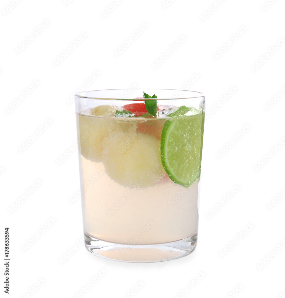 Glass with melon ball drink on white background Glass with melon ball drink on white background