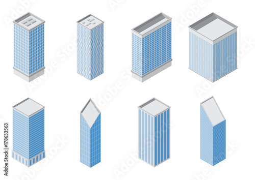 isometric building set, cityscape design, office industry construction