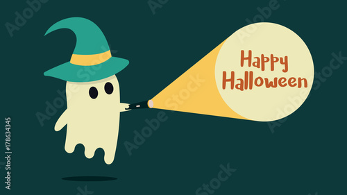 Cute ghost character with a witch hat just found the Happy Halloween message with his flashlight. Vector illustration