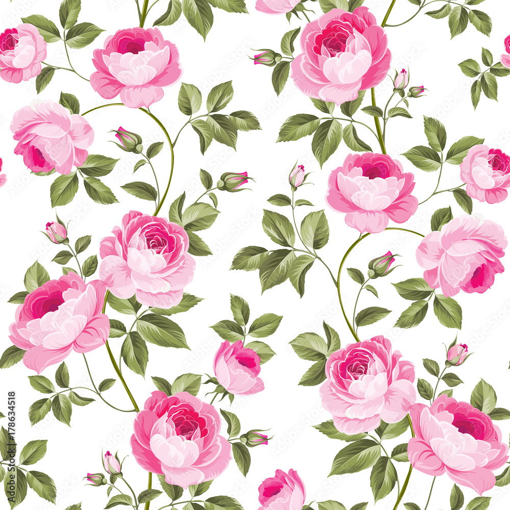 Fototapeta premium Luxurious peony wallapaper in vintage style. Seamless pattern of blooming roses for floral wallpaper. Vector illustration.