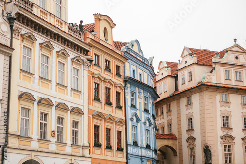 Close-up of beautiful historic buildings standing tightly together in the main square in Prague
