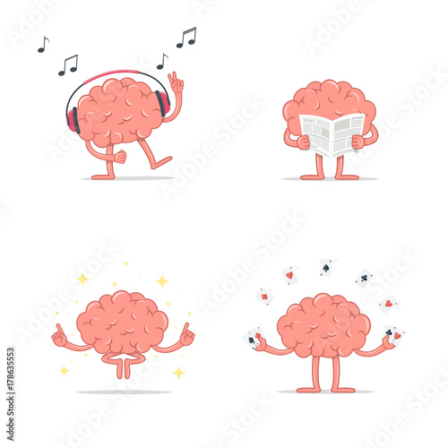 Set of cartoon smart brain relax. Listen music. Meditation. Reading newspaper. Play gambling cards.
