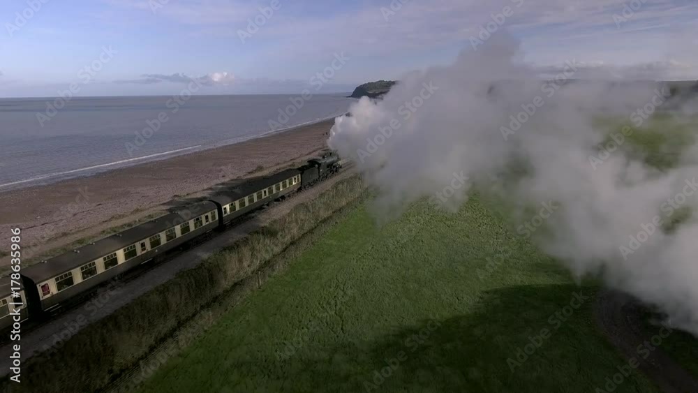 Beach railway steam train aerial view. Beach railway steam train aerial view.