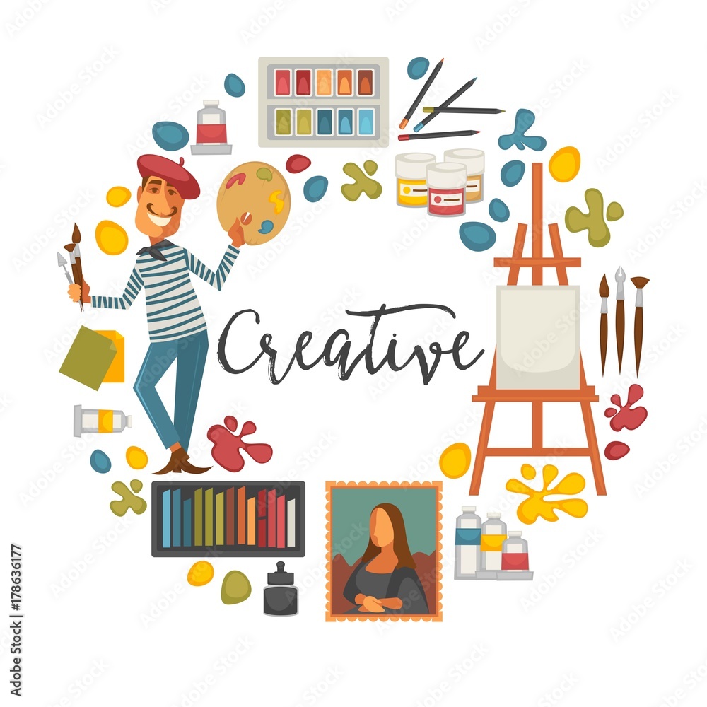 Creative poster with artist and tools to paint Creative poster with artist and tools to paint
