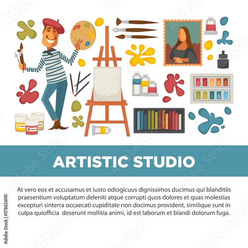 Artistic studio poster with all tools to paint and draw