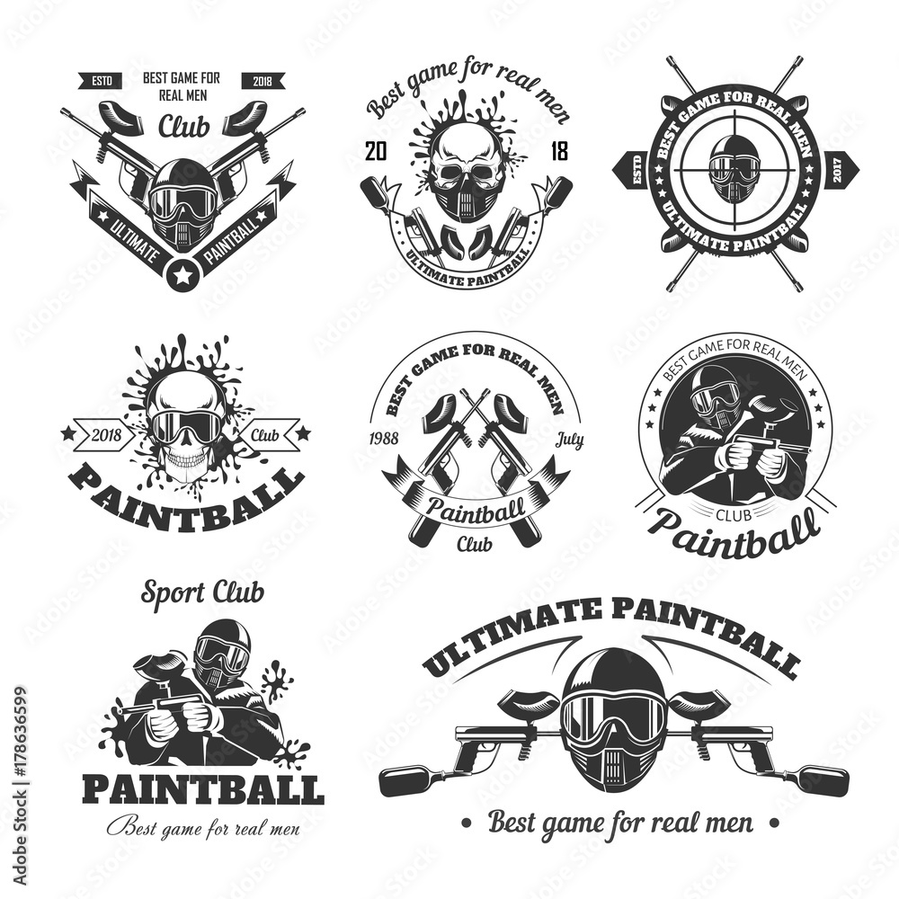 Ultimate paintball sport club for real men logotypes set