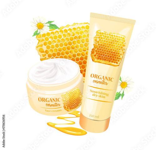 Branded tubes of nourishing cream, lotion with chamomile, honey, beeswax for dry skin realistic vector illustration isolated on white background. Organic cosmetics concept for womens body care eco