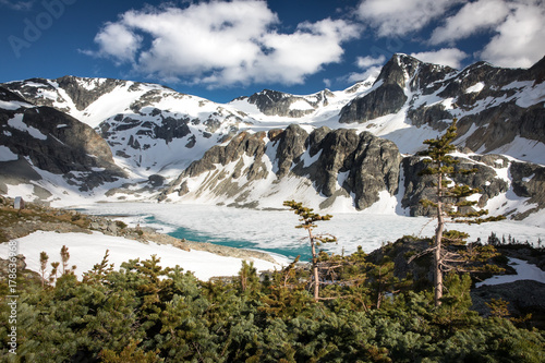 A frozen alpine lake in front of a glacier in Whistler  British Columbia