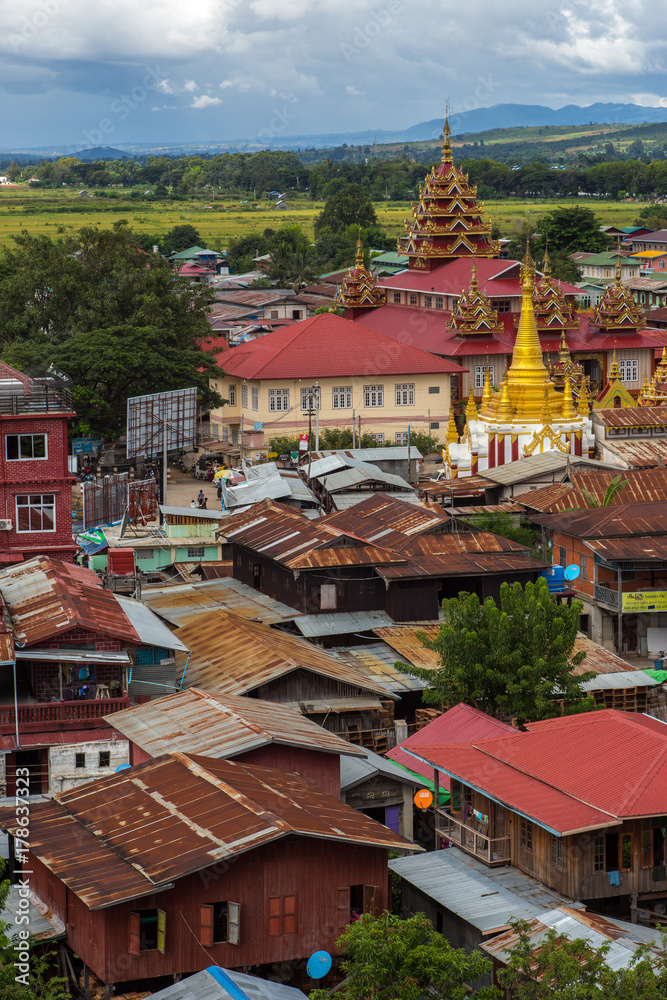 Naklejka premium Myanmar, Inle lake,8 October,2017: view from the top viewpoint on the roof and surroundings- the city of Nyaungshwe,river town at the Inle Lake
