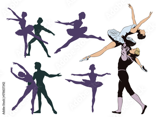 Set of ballet dancers. Stock illustration.