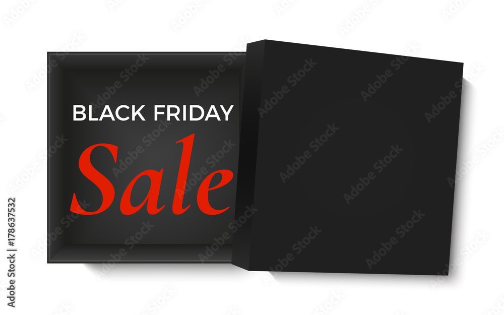 Black friday sale design. Opened black gift box, isolated on white background. Poster, brochure or banner template.
