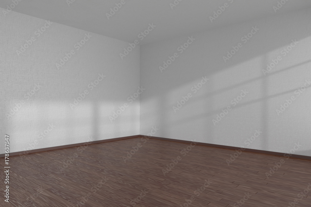 White empty room corner with dark parquet floor White empty room corner with dark parquet floor