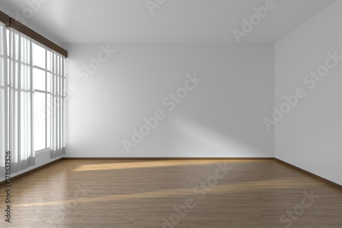 White empty room with flat walls  parquet floor and window  3D illustration