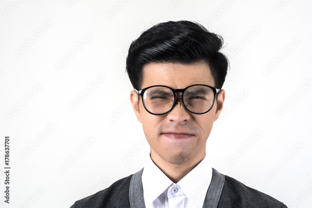 Young nerd student isolated on white background.