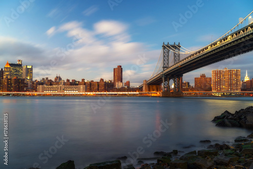 Manhattan bridge and Manhattan after sunset  New York City