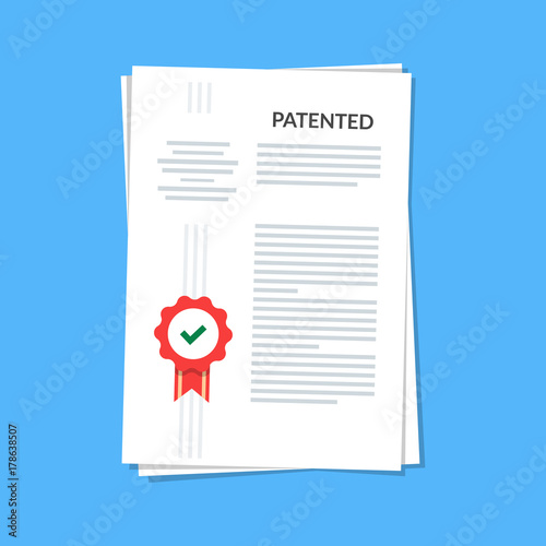 Patented document with approved stamp. Registered intellectual property, idea of patent license certificate. vector icon illustration, flat cartoon paper doc isolated on blue background.