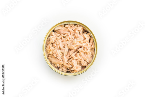 Canned tuna isolated, open tuna tin on a white background, Canned soy, Tuna packed in water