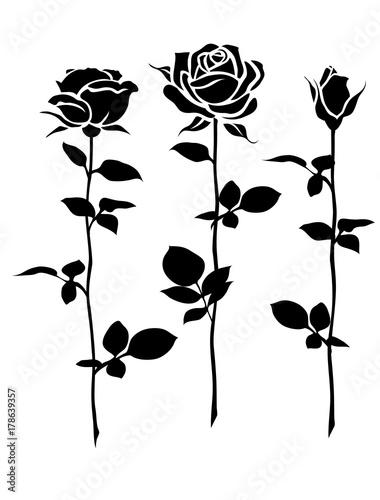 Decorative set of rose with long stem. Vector flower silhouette