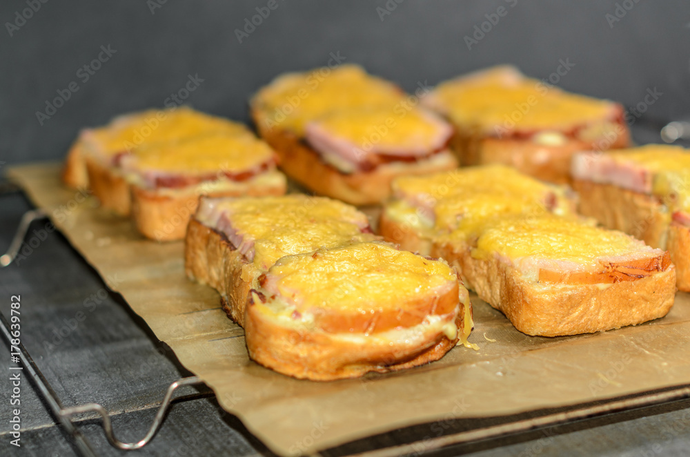 Six sandwiches with meat and cheese top view Six sandwiches with meat and cheese top view