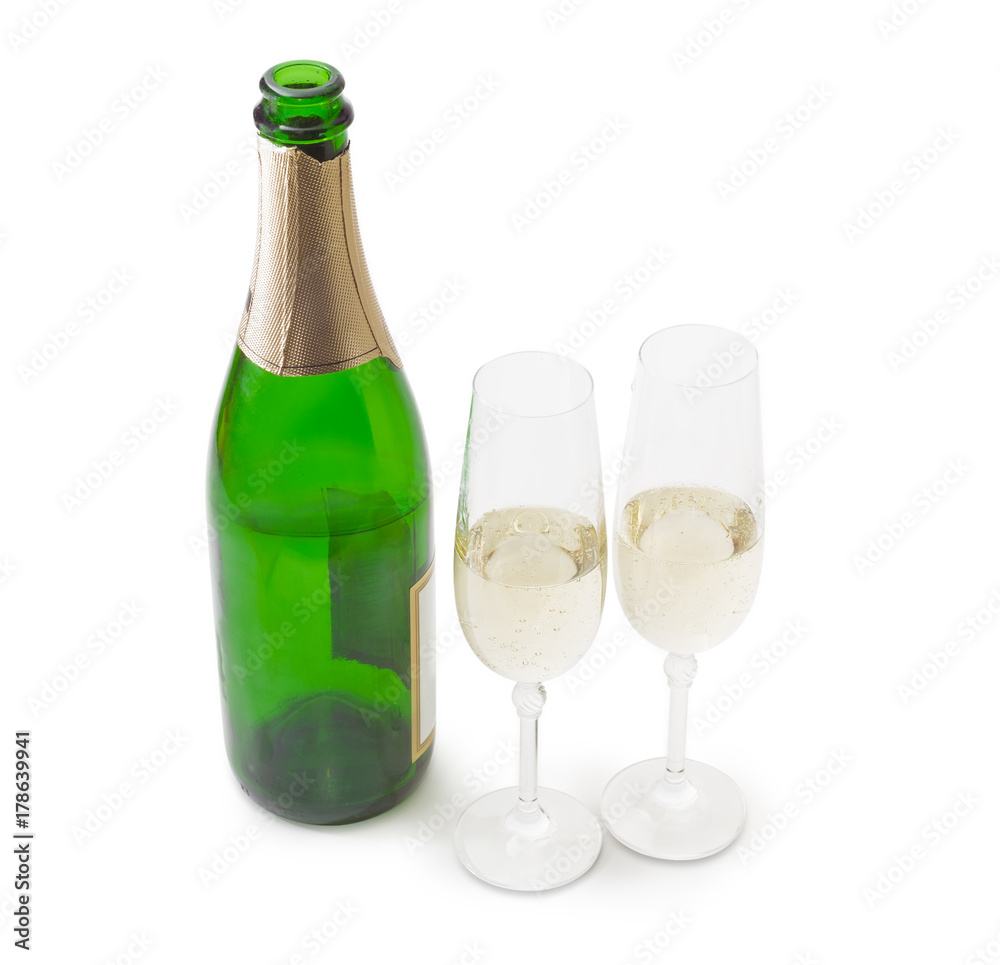 Two wine glasses and bottle of sparkling wine Two wine glasses and bottle of sparkling wine