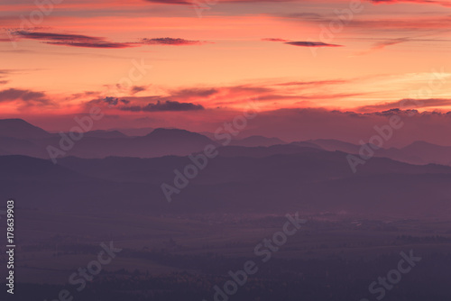 Stunning view over valley in high Tatra mountains after sunset