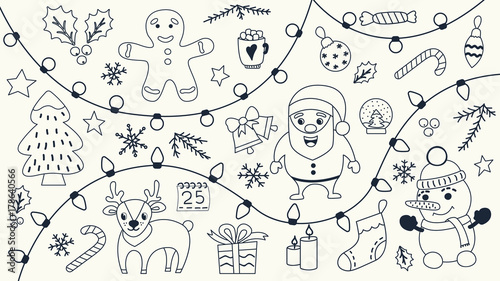 Christmas set of hand drawn doodles. Vector illustration with accessories as christmas, decoration, santa and more.