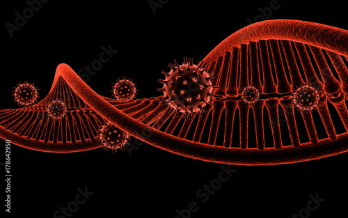 3d rendered Digital illustration of Dna and Virus on dark background