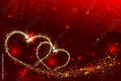 Hearts with flickering lights and stars of light. Abstract Valentines Day background