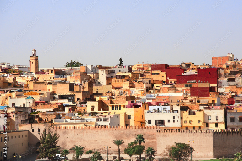 Aerial view on medina of Fes behind the fortress wall, Morocco