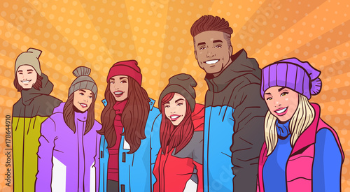 Portrait Of Smiling Group Of People Wear Winter Clothes Over Colorful Retro Style Background Mix Race Young Adults Vector Illustration