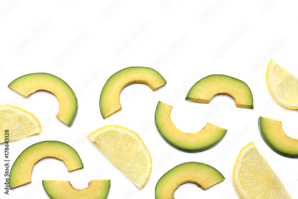 healthy food. sliced avocado isolated on white background. top view healthy food. sliced avocado isolated on white background. top view