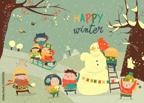 Cute kids playing winter games