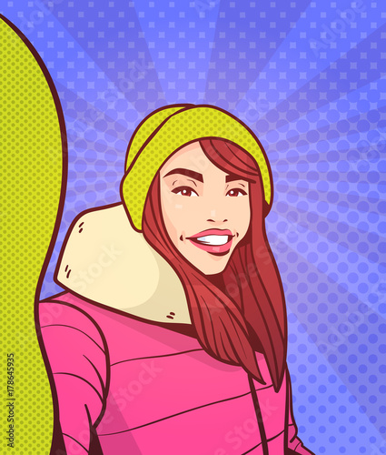 Young Woman In Winter Clothes Take Selfie Photo Over Colorful Retro Style Background Vector Illustration