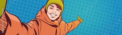 Young Man Take Selfie Photo Pointing hand To Copy Space Over Colorful Retro Style Background Happy Smiling Guy Wear Winter Clothes Vector Illustration