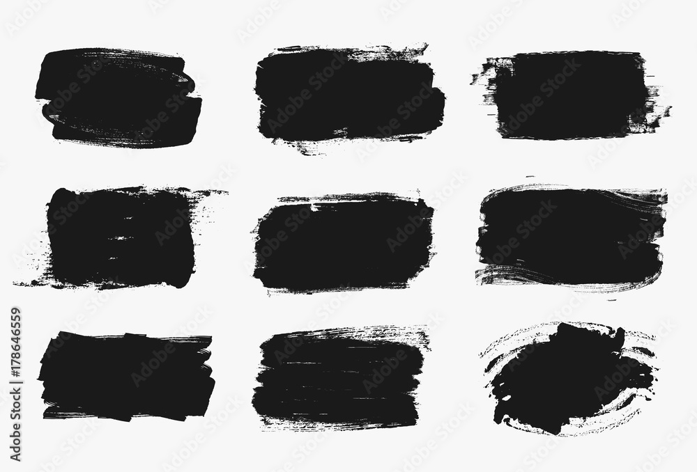 Set of black paint, ink brush strokes, brushes, lines. Dirty artistic design elements, boxes, frames for text. - obrazy, fototapety, plakaty 
