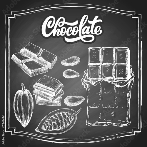 Hand drawn chocolate bar and cacao beans, black and white draft sketch isolated on white background. Vintage vector food illustration.