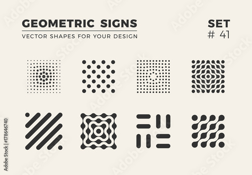 Set of eight minimalistic trendy shapes. Stylish vector logo emblems for Your design. Simple creative geometric signs collection.
