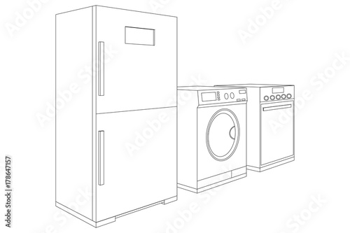 Household appliances - refrigerator, washing machine, oven. Outline flat icons