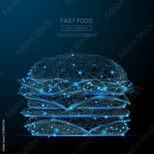 Low Poly wireframe Burger. Fast food concept. Vector hamburger mesh spheres from flying debris. Thin line concept. Blue structure style illustration. Cheeseburger polygonal image