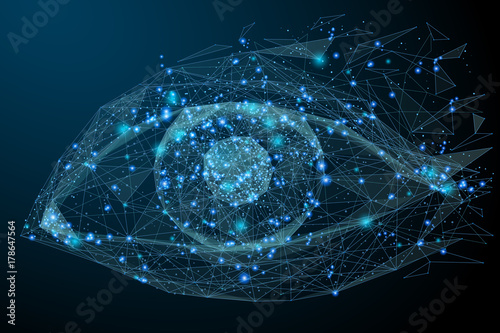 Low Poly wireframe technology eye. Futuristic concept. Vector eye mesh spheres from flying debris. Thin line concept. Blue structure style illustration. Scince polygonal image