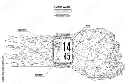Smart watch low poly wireframe isolated black on white background. Abstract mash line and point origami. Vector illustration.Technology concept with geometry triangle. Light connection structure.