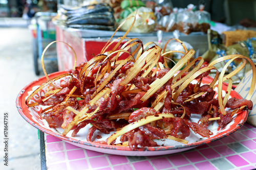 Canvas Print Dried and sweeten meat for sell at Sutthisan market, Bangkok, Thailand