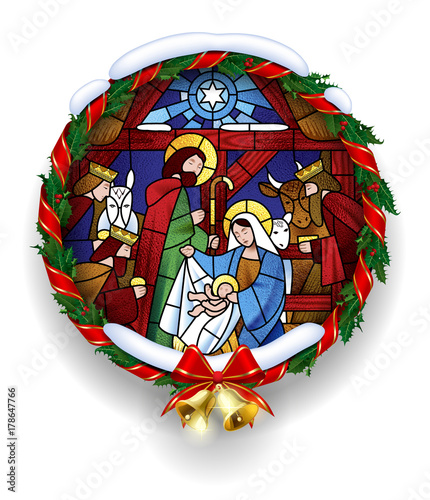 Round stained glass with the Christmas scene in holly wreath