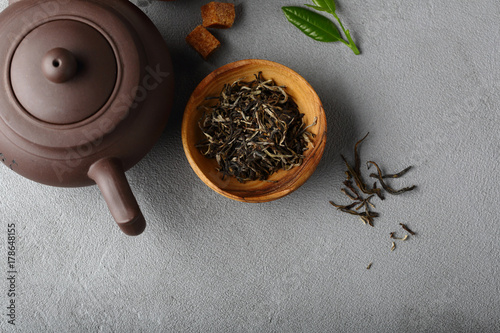 Tea  and taepot on loft background photo