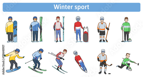 The winter sports. Winter activity outdoors. Athletes standing and in motion. Downhill and cross-country skiing, snowboarding, hockey, luge, curling. Vector Illustration, isolated on white background.