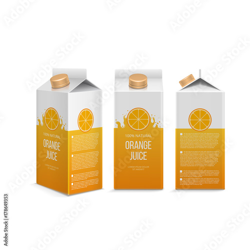 Realistic orange juice box in different projections