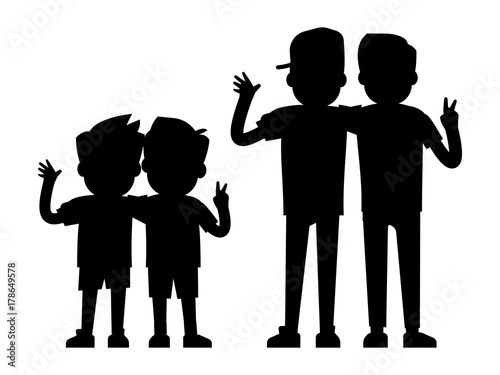 Best friends silhouettes isolated on white background - baby boys and teenager boys black silhouettes