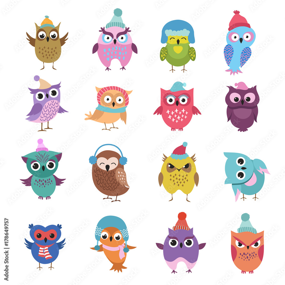 Fototapeta premium Funny winter owls birds cartoon vector characters