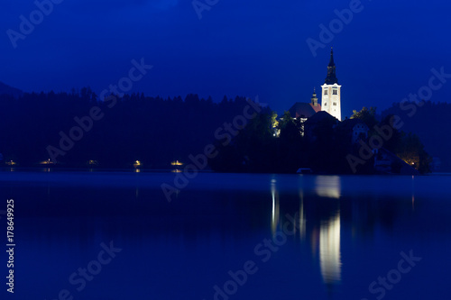 Church on island in Lake Bled in night, Slovenia