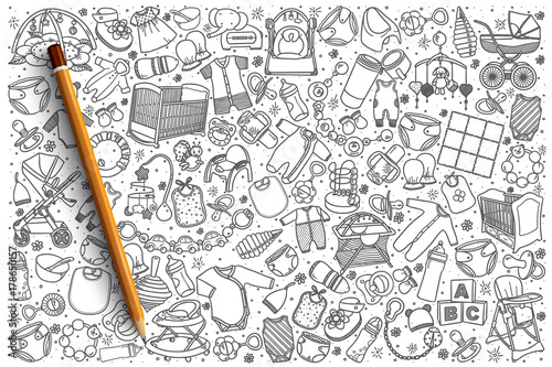 Hand drawn baby shop vector doodle set background